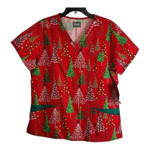 Butter Soft  Womens Scrub Top Large Red Christmas Tree V Neck Pockets NEW